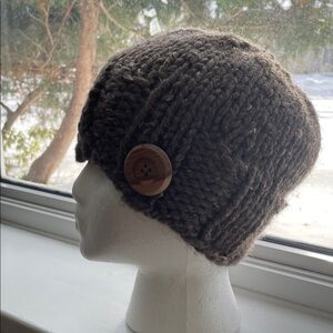 New Handmade Knitted Brown Beanie with Button Accent